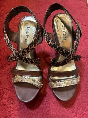 bebe Brown Leopard Print Strappy Heels with Gold Accents